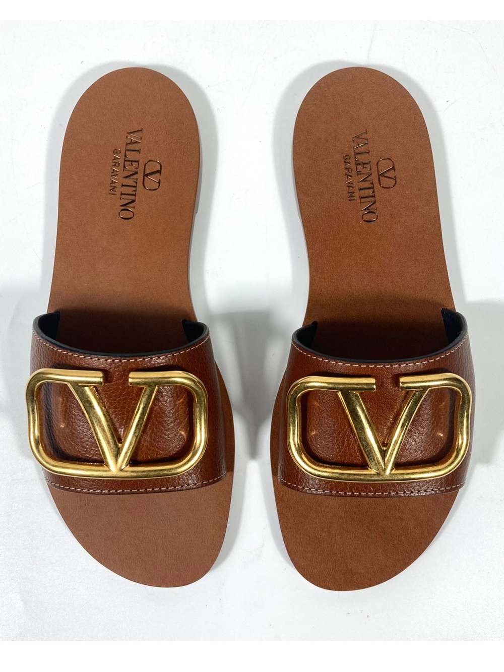 Valentino Garavani VLOGO Leather Slide Sandals Tan 36 6 NEW WS0M21HWS0CR